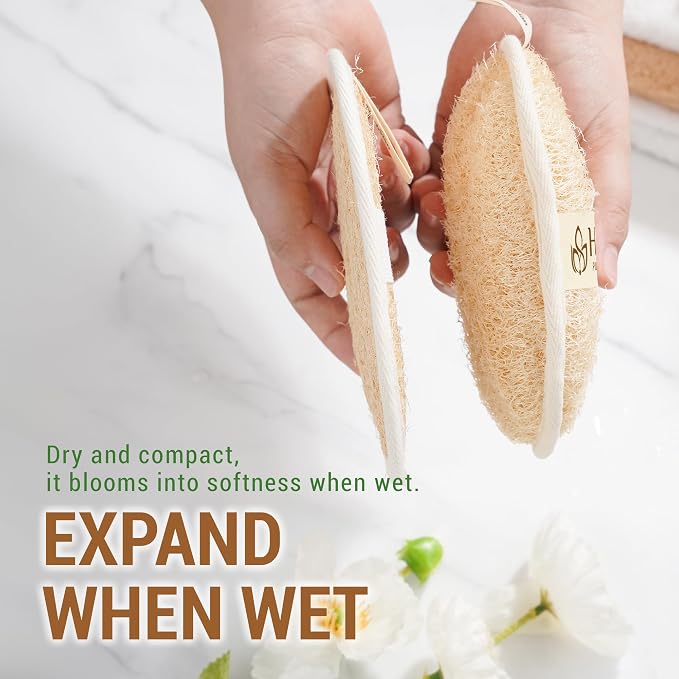 Natural Loofah Exfoliating Body Scrubber Pads for Bath and Shower | Made from 100% plant-based Vietnamese loofah to exfoliate and cleanse skin during baths and showers.