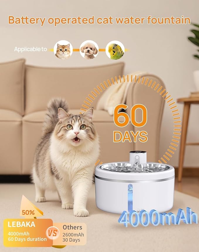 Wireless Cat Water Fountain [with Stainless Steel Tray], 84oz/2.5L Pet Fountain for Cats Inside, Cat Fountain for Drinking