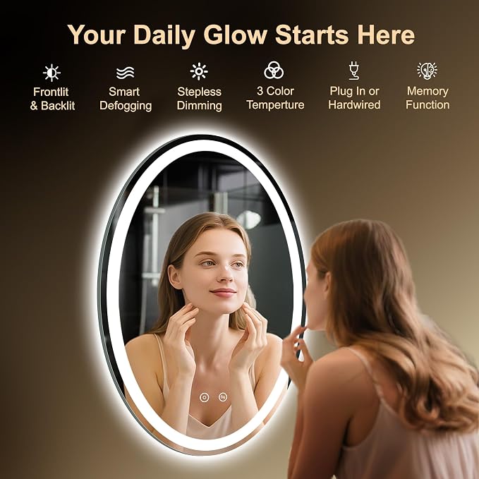 Oval LED Mirror for Bathroom,20x28 Lighted Vanity Mirror with Lights | Smart Anti-Fog, Dimmable 3 Color Modes, Backlit+Frontlit, Memory Function, HD Tempered Glass,Touch Sensor,Horizontal/Vertical