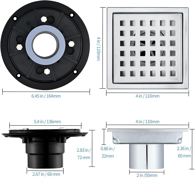 Square Shower Drain 4-Inch. with ABS Flange, Removable Grille,Bathroom Brushed Stainless Steel Shower Floor Drain