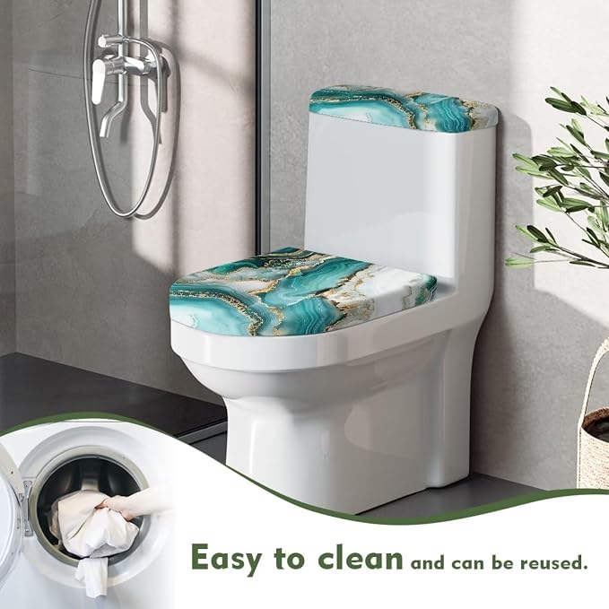 Green Marble Toilet Lid Cover Set of 2 Pack Tank Lid Covers Soft Fit Most Round and Elongated Keep Bathroom Clean
