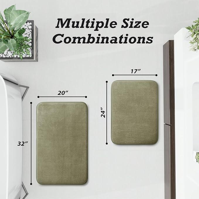 HUXMEYSON Bathroom Rugs Sets 2 Piece, Non-Slip & Quick Dry Bath Mat Set, Ultra Soft Velvet Bath Rugs for Bathroom, Toilet and Shower Floor, Olive Green