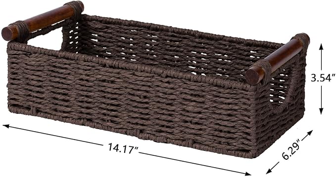 CubesLand Wicker Toilet Storage Basket Tray Organizer W/Cut Out Handle, Slim Decorative Basket for Countertop, Shelves And for Versatile Home Decor, Living Room, Nursery Organization, Brown