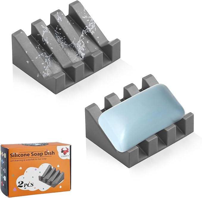 Self Draining Soap Dish Holder,Silicone Soap Dish,for Bathroom,Kitchen, Sponges，Can Extend Soap Life，Keep Soap Bars Dry and Easy Cleaning (Grey,2-Pack)