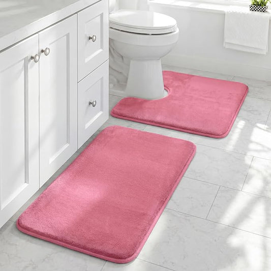 Bathroom Rugs Sets 2 Piece, Non-Slip & Quick Dry Bath Mat Set, Ultra Soft Velvet Bath Rugs for Bathroom, Toilet and Shower Floor, Pink