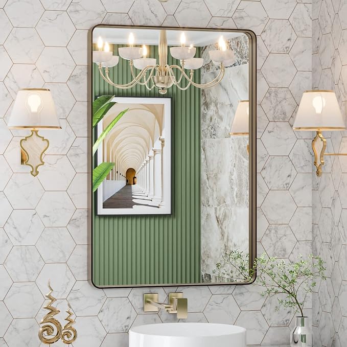 LOAAO 24”X36” Bronze Bathroom Mirrors for Vanity, Rounded Rectangle Brushed Bronze Metal Frame Mirror, Anti-Rust, Hangs Horizontally or Vertically | Rounded Rectangle, Brushed Bronze Metal Frame, Anti-Rust, Hangs Horizontally or Vertically