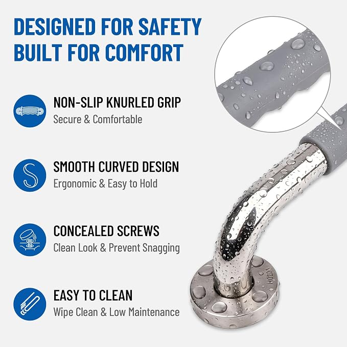 MrHAND Shower Grab Bars for Seniors,16 Inch 2 Pack,Anti-Slip Silicone Grip | SUS 304 Stainless Steel,Wall Mounted Shower Handles,ADA Compilant,Suitable for Seniors,Handicap,Pregnant & Kids