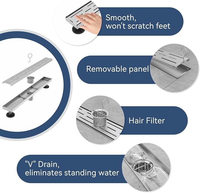 ELLO&ALLO 28 Inch Linear Shower Drain Brushed Nickel, SUS304 Stainless Steel Rectangle Shower Floor Drain with Removable Pattern Grate