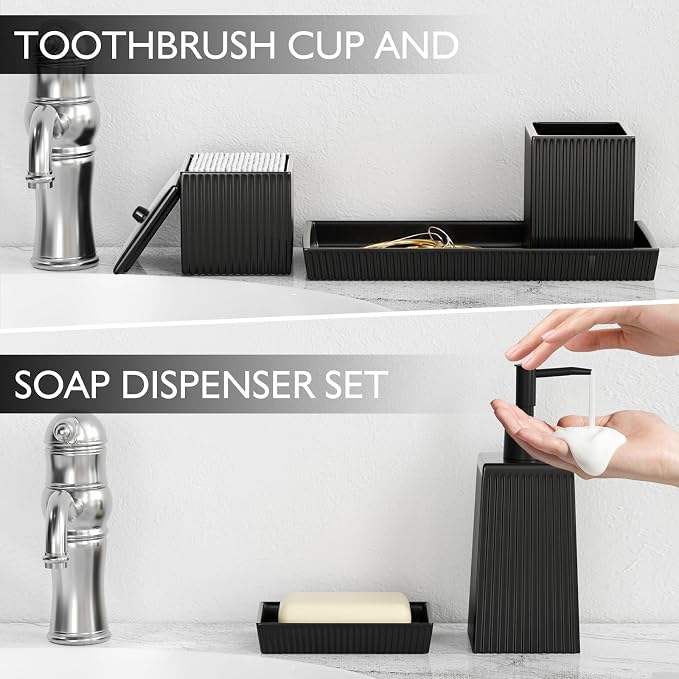 XLHOMO Bathroom Set - Black Bathroom Accessories Set, 5PCS Ceramic Bathroom Accessory Set, Bathroom Sets with Soap Dispenser, Toothbrush Tumbler, Soap Dish, Q-tip Holder & Vanity Tray