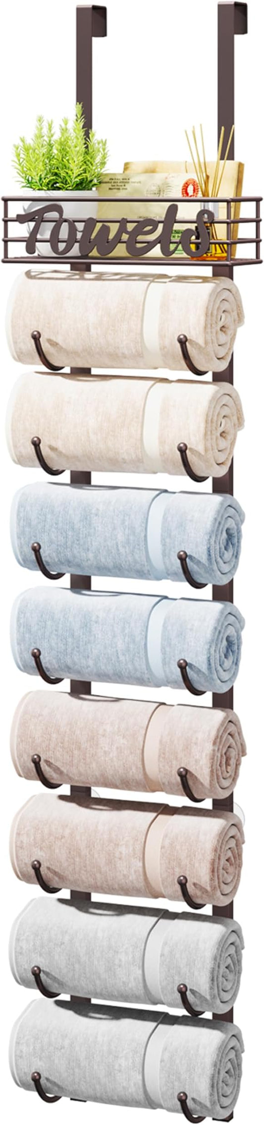 HapiRm Towel Racks for Bathroom Storage - 9 Tier Over The Door & Wall Mount Rolled Towel Storage Organizer Holder with Metal Shelf Basket for Small Bathroom, Camper, Rv - Bronze, Patented