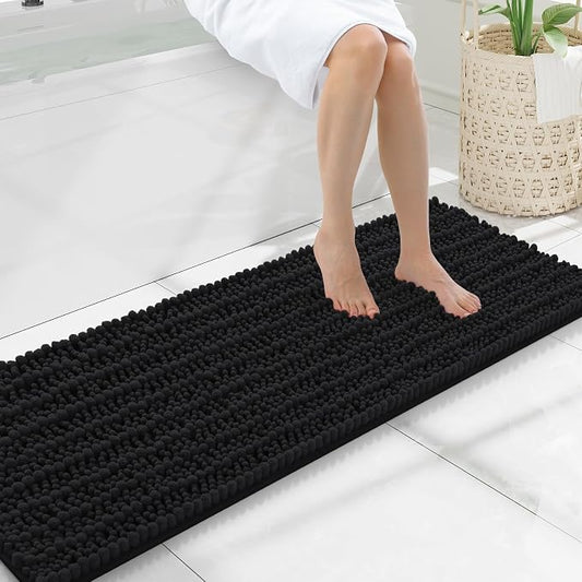 Smiry Bathroom Rugs 47X17, Extra Soft Rubber Backing Chenille Bath Mats | Black Machine Washable Non Slip Quick Dry Bath Mats for Bathroom Floor, Tub, Shower, Home Decor Accessories