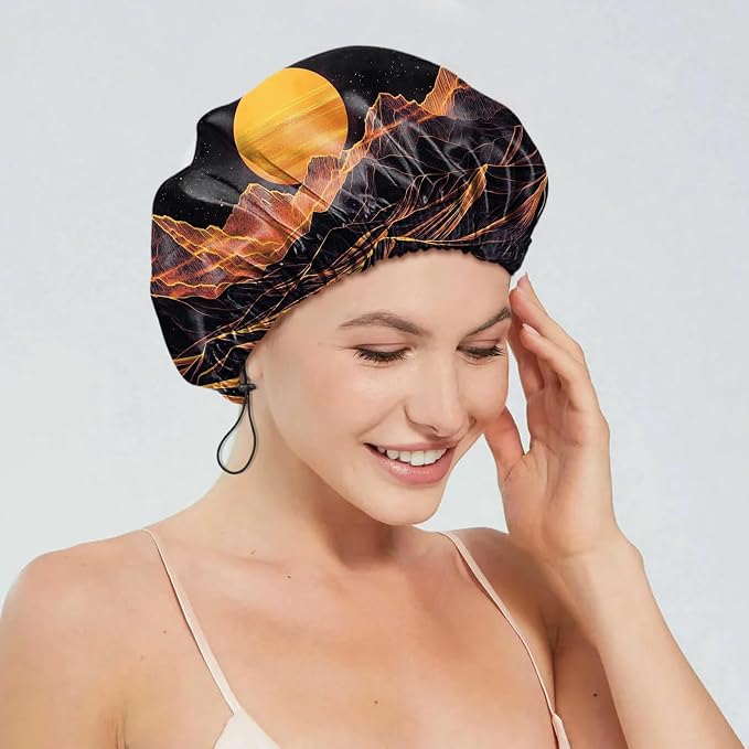 2 PCS Shower Cap Reusable Waterproof Double Layers Hair Caps Shower Bath Adjustable Elastic Hat for Women Girls Cute Aesthetic-Sunset Forest