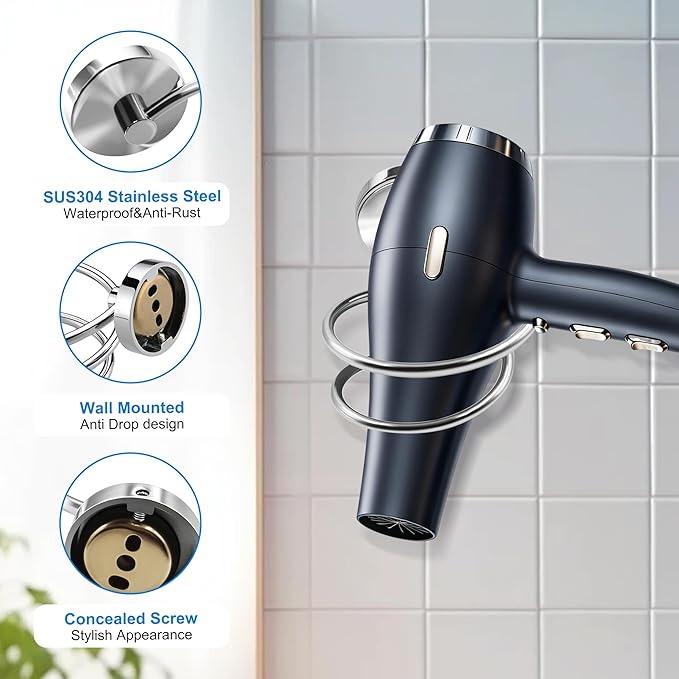 Bathroom Hair Dryer Holder Hair Care Tools Holder Wall Mount Chrome Finished Stainless Steel-Silver