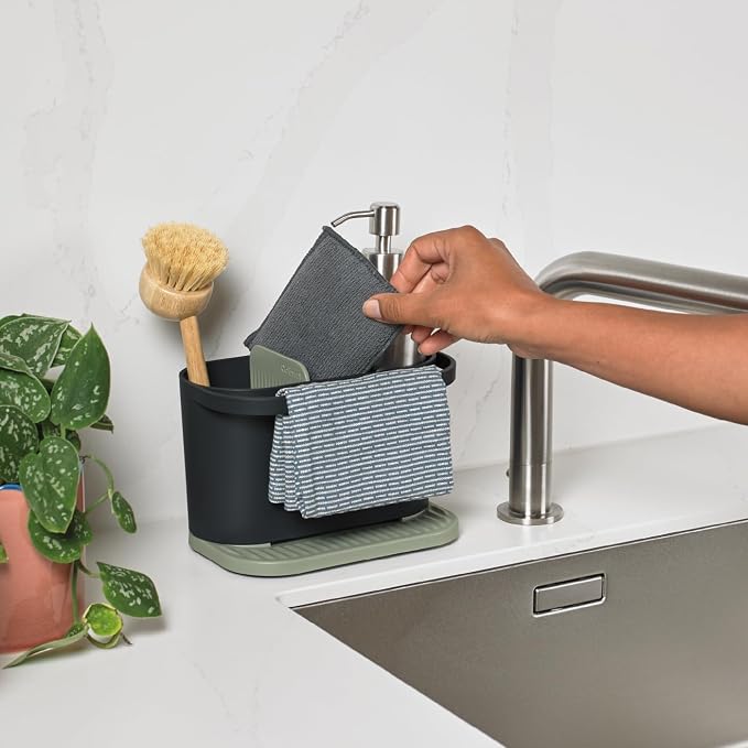 ReBorn Recycled Sink Organizer, Kitchen Sink Organizer, Two Main Compartments, Integrated Dish Cloth Rail, Ribbed and Sloped Base for Draining, Would Made in UK (Sage Green & Charcoal Grey)