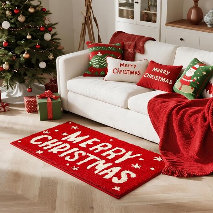 TYUU Christmas Bathroom Rugs, Extra Soft Absorbent Bath Rug Non Slip Washable Bathroom Mat Holiday Xmas Home Decor Indoor Bath Mat, Merry Christmas, 24"x36"