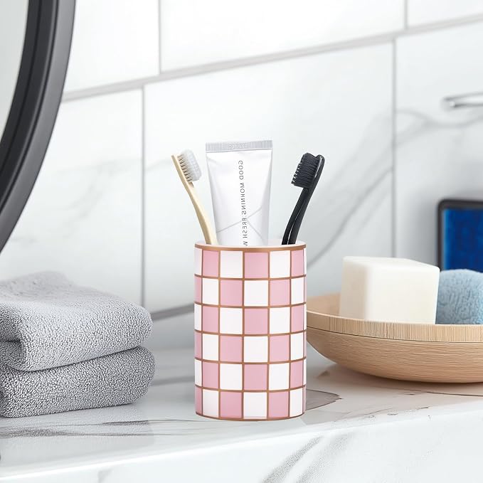 Checkered Bathroom Toothbrush Holder, Bathroom Black and White Ceramic Toothbrush Holder, Modern Toothbrush Box, Used for Bathroom countertop Storage Rack, Checkered Bathroom Decoration (Pink)