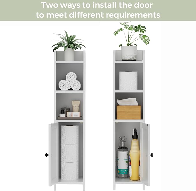Homhedy Small Bathroom Storage Corner Floor Cabinet with Door and Shelves, Beside The Toilet Paper Stand for Skinny, Narrow Toilet Paper Cabinet, 7.9" D x 7.1" W x 31" H, White