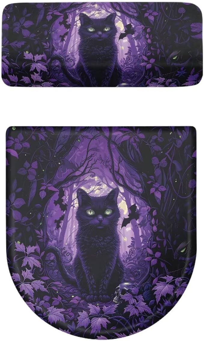 Black Cat Toilet Lid Covers for Bathroom Set Soft Toilet Seat Cover Set with Elastic Band Washable Elongated Halloween Decoration