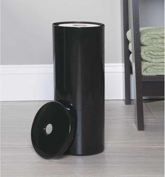 iDesign Freestanding Toilet Paper Canister with Lid, Black | For 3 Extra Rolls, Made in USA