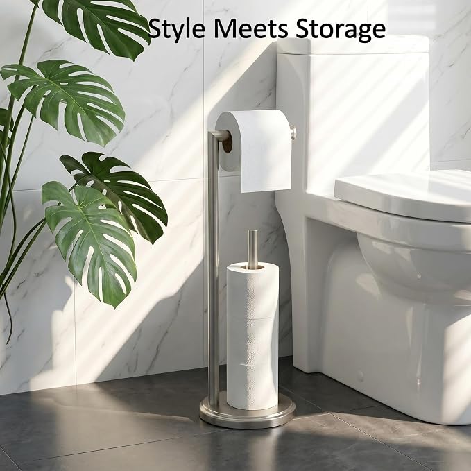 FORIOUS Toilet Paper Holder Stand with Storage for 4 Rolls, Brushed Nickel | Modern Freestanding SUS 304 Stainless Steel Bathroom Tissue Roll Organizer with Heavy Anti-Slip Weighted Base