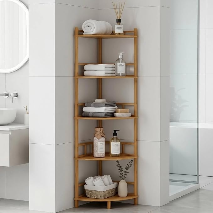 5-Tier Expandable Bamboo Corner Shelf Stand,Corner Bookshelf, Display Storage Shelves with Open Shelves, for Organization and Storage, Living Room, Home Office, Garage (Natural, 5-Tier WithRail)