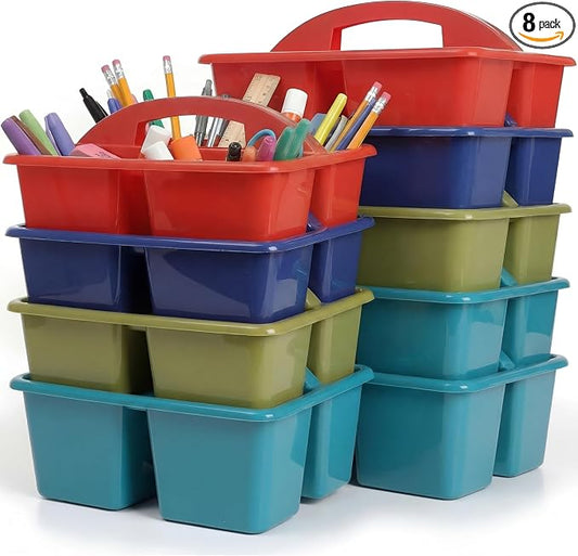 Kathfly 8 Pack Classroom Caddy Organizer with Handle, Plastic Art Craft Cleaning Caddy Bulk, Small Multipurpose Supply Organization Storage Basket for Table Desk Office Pencil Teacher (Deep Color)