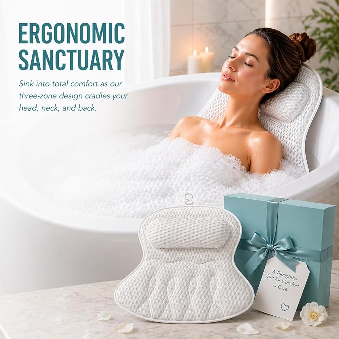 Bathtub Pillow for Neck and Back Support, Soft 4D Bath Pillow Tub Headrest | Ergonomic 4D Mesh Bath Pillow with 6 Suction Cups, Non-Slip Spa Bath Cushion Luxury Bath Accessories Spa for Women Gift