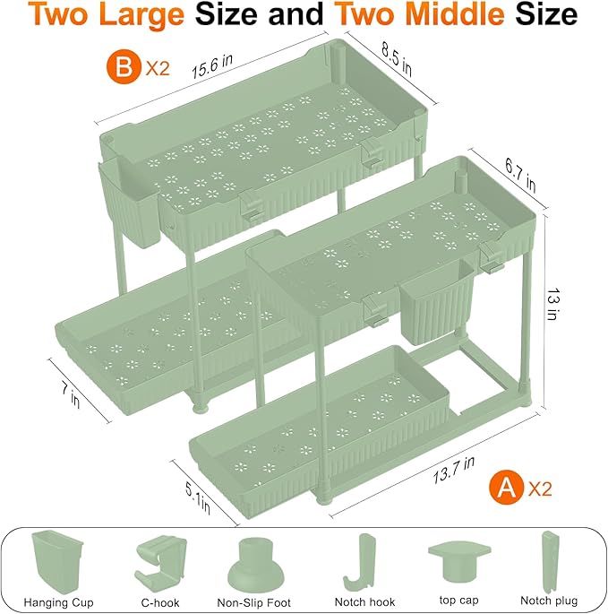 Sevenblue Under Sink Organizer, Bathroom Organizers and Storage, 2 Tier Multi-Use Pull Out Cabinet Organizer with Hang Hooks and Cups (Green, 12.8 Inch)