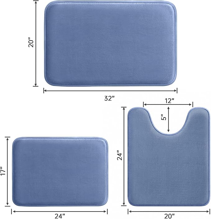 HUXMEYSON 3-Piece Memory Foam Bathroom Rug Set, Dusty Blue | Quick Dry Velvet Surface, Non-Slip & PVC Backing, Ultra Soft Bath Rugs for Bathroom, 17"x24"+20"x32"+U Shape 20"x24"