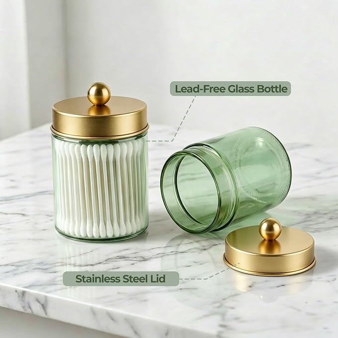 Amolliar 2Pc Glass Qtip Dispenser Holder Bathroom Vanity Storage Organizer Set -Countertop Canister with Metal Lids &Stickers Apothecary Jars for Cotton Swab, Floss Picks(Green-golden Lid)