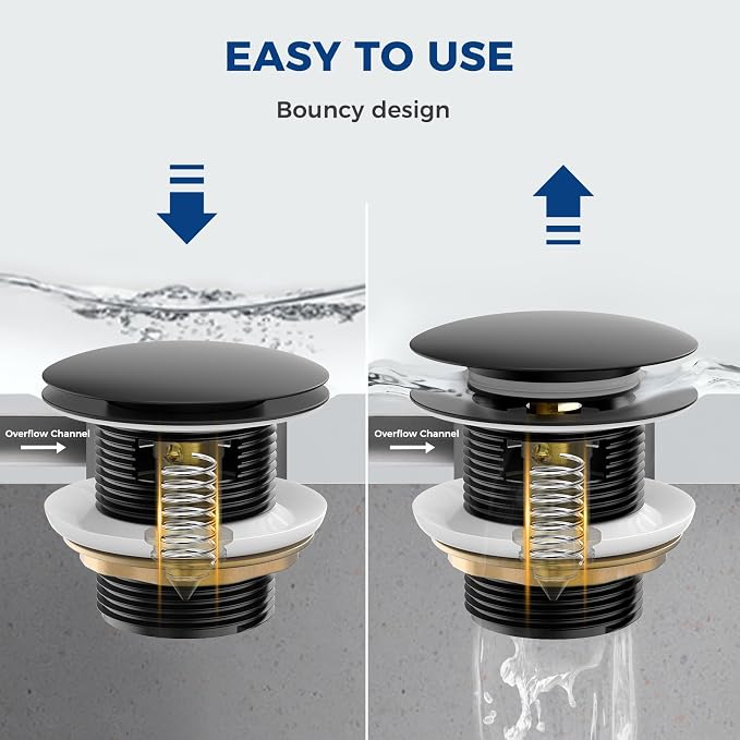 BOTEMY Solid Brass Pop-Up Drain with Overflow for Freestanding Tubs, Tool-Free Installation Bathtub Drain Stopper with Matte Black Finish, Universal Fit 1.8" Hole, Leak-Proof Heavy Duty（Matte Black