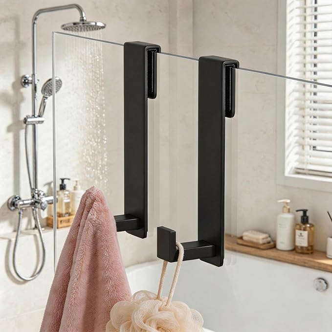 HUFEEOH 2-Pack Shower Towel Hooks, Stainless Steel 7.5-Inch Extended Over Door Hooks for Frameless Glass Shower Door, Heavy Duty Towel Rack for Bathroom, Holds Robes & Towels, Black