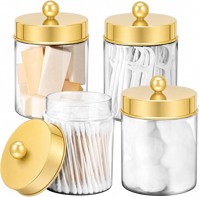 Amolliar Acrylic Apothecary Jar Bathroom Qtip Holder Gold 4 Pack | for Bathroom Storage Vanity , Countertop, Farmhouse Style, Holds Cotton Swabs, Dental Floss, Makeup Sponges,Gold Decor
