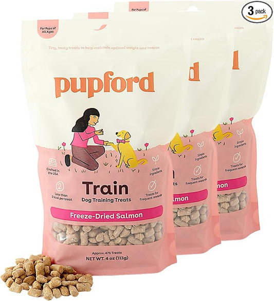 Pupford Freeze Dried Dog & Puppy Training Treats (Salmon, 4 oz, 3 Pack) | 1400+ treats, Ultra low-calorie, Only 2 ingredients, All breed sizes, Mess free and bite sized, Trainer recommended