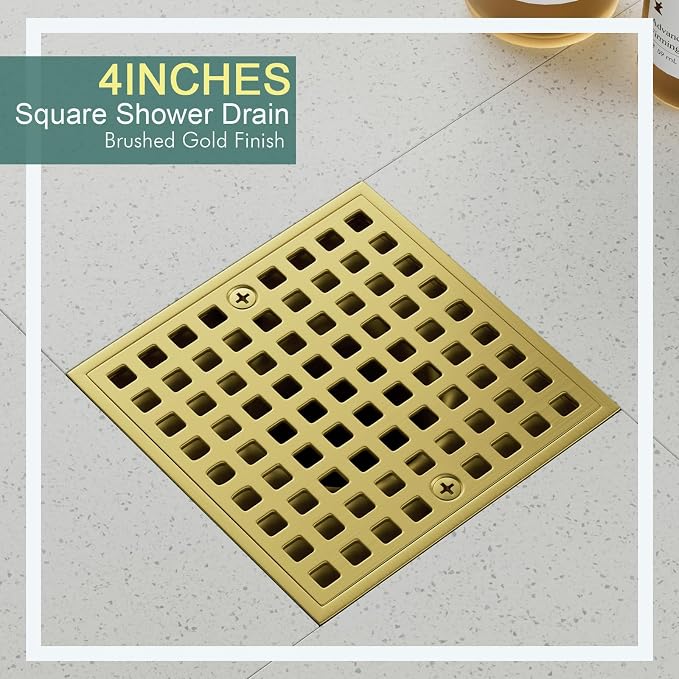 4 Inch Shower Floor Drain with Flange - Square Shower Drain with Hair Strainer - Removable Strainer Cover - SUS304 Stainless Steel - Brushed Gold