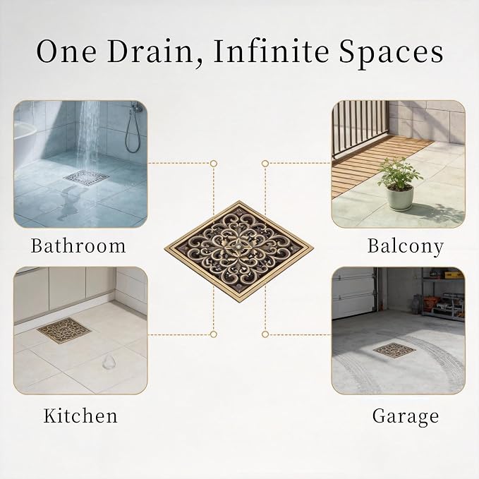 AUNMAS 4 Inch Brass Bathroom Floor Drain with Removable Cover, Art Carved Flower Pattern Shower Sink Drain Strainer for Hotel Home (1#)
