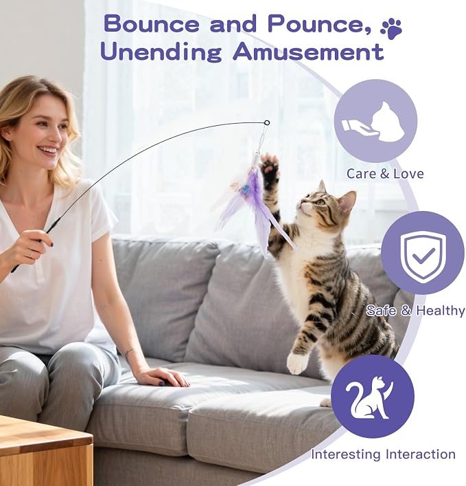 Pawaboo Cat Feather Wand Interactive Toy, 2 Feathers + 1 Wand with Bell | Cat Feather Teaser Toys Flying Catcher Extra Long 34.5" Wand Exerciser Playing Chase Cat Toy Wands for Kitten, Purple