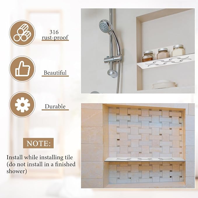 Teenyyou 2 Pack Niche Rectangular Shelf for 12 Prefabricated Board Niche Fits 5/32 Grout Line, 4mm Thick, Bathroom Wave Design, Marine Grade Brushed 316 Stainless Steel