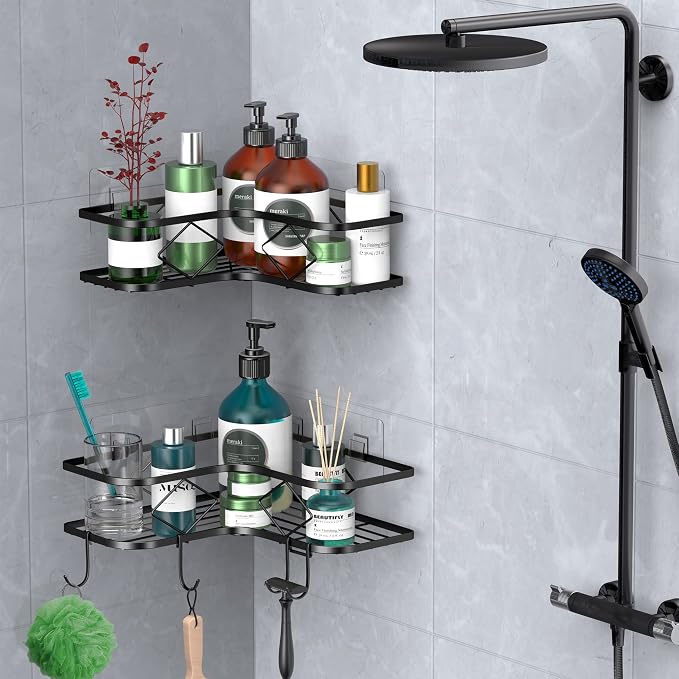 Large Corner Shower Caddy, 2 Pack Adhesive Bathroom Shower Organizer Shelves, No Drilling Rustproof Wall Mounted Shower Storage Basket Shampoo Holder Organizer (Black)