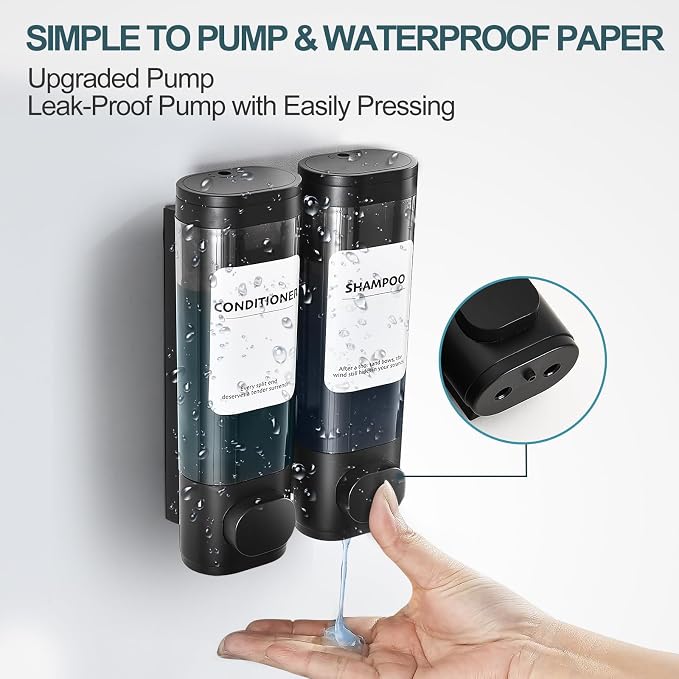 Shampoo Conditioner Shower Soap Dispenser 2 Chamber Wall Mount Black | Refillable. Leakproof 600ml. No-Drill Wall Mount. Soap, Shampoo, Conditioner, Body Wash, Shower Gel, Bathroom Set. BPA-Free.