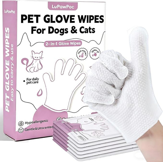 Pet Glove Wipes for Dogs & Cats – 6 Count Per Pack, 2-in-1 Disposable Cleaning Gloves with Aloe & Jojoba Oil, Rinse-Free Deodorizing Grooming Wipes for Daily Paw, Face & Fur Care