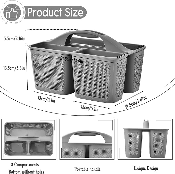 NINU Plastic Gray Shower Caddy Basket, Divided Cleaning Portable Shower Basket with Handle Compartments Storage Organizer for Bathroom, College, Kitchen, Dorm Room Essentials
