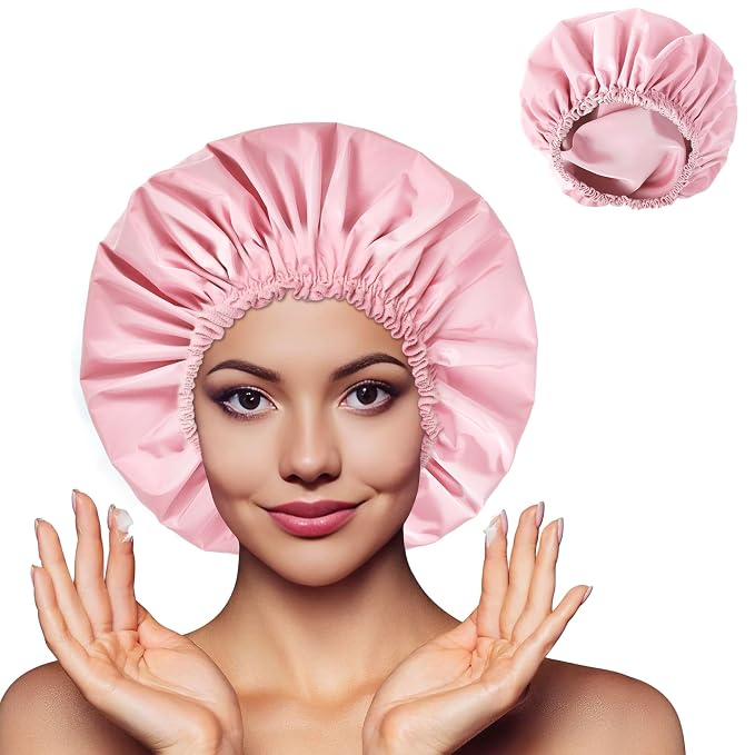 Shower Cap for Women, Large Waterproof Shower Bonnet | Double Layer, Reusable Hair Protector, Washable Large Bath Cap, Wide Elastic Band, for Long Hair, Braids - Pink