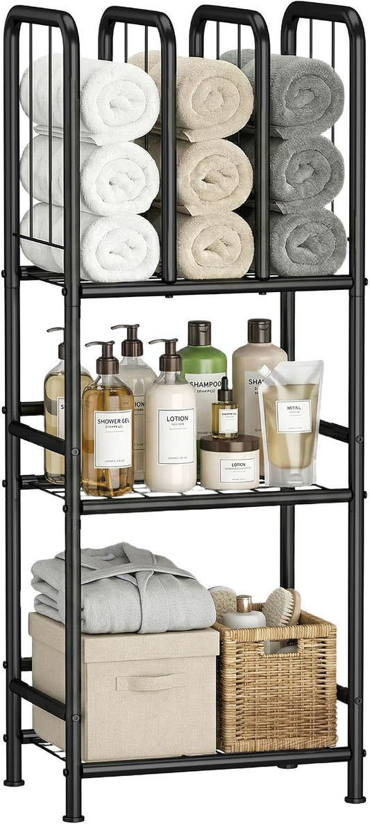 3 Tier Towel Racks for Bathroom with Dividers, Free Standing Metal Towels Holder Stand with Shelf, Towel Storage Organizer Bathroom Shelf, Metal Shelving Unit, Pool Towel Rack, Black