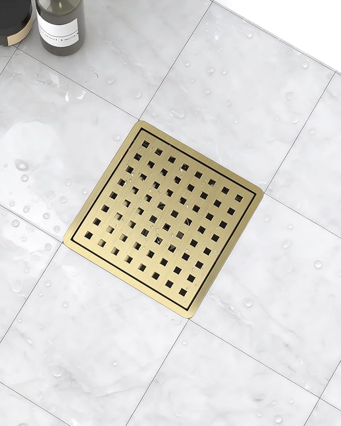 6 Inch Titanium Gold Shower Drain, Modern 304 Stainless Steel Square Shower Drain for Bathroom, Brushed Gold Shower Floor Drain with Grate Removable, Hair Strainer