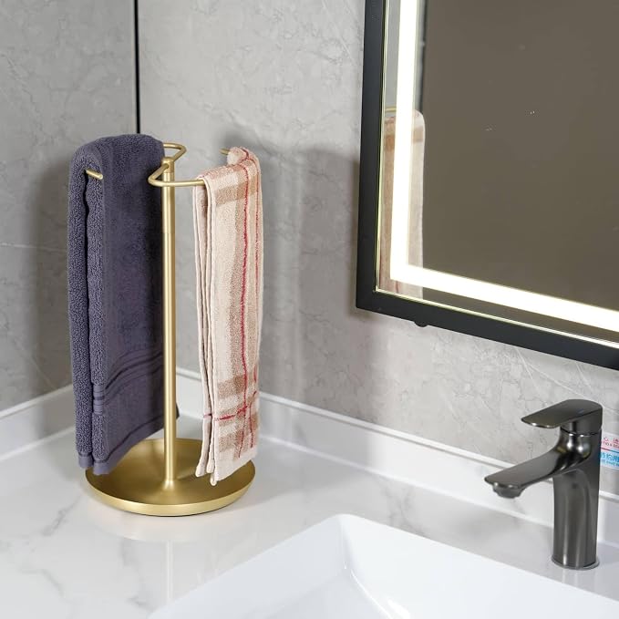 Hand Towel Holder Countertop with Storage Tray Weighted (Brushed Gold) | heavier base | electroplated for a lasting shine | bathroom organizer | storage tray for watch, necklaces, glasses, earring