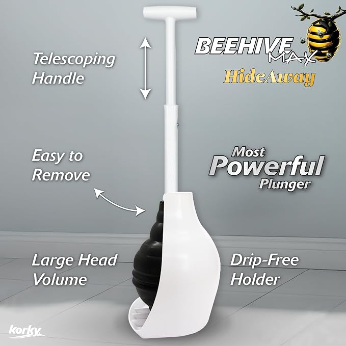 Korky BeehiveMAX Hideaway - Heavy Duty Toilet Plunger with Holder - Drip Free Carry - Seals All Bowl Shapes – Powerful Clog Removal, 97-5