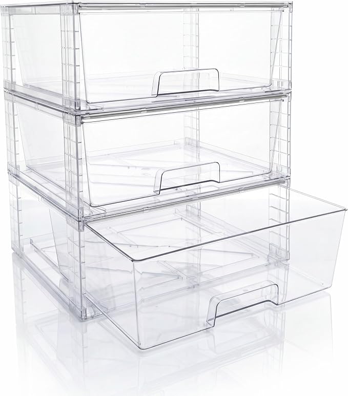 Wide Large Stackable Storage Drawers(3 Pack),Multi-purpose Clear Plastic Organizer Bins with Handles, Easy to Assemble for Bathroom Home Closet Under Sink Kitchen Pantry Medicine Cabinet