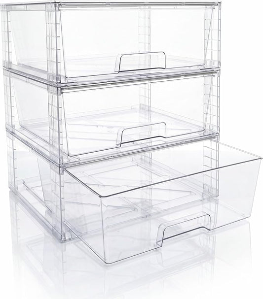 Wide Large Stackable Storage Drawers(3 Pack),Multi-purpose Clear Plastic Organizer Bins with Handles, Easy to Assemble for Bathroom Home Closet Under Sink Kitchen Pantry Medicine Cabinet