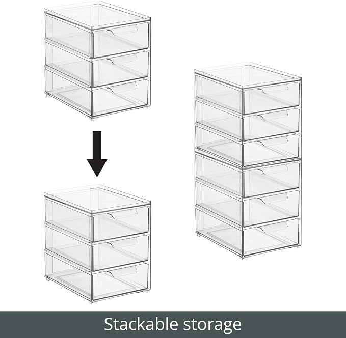 mDesign Plastic Stackable Organizer with 3 Drawers - Pull-Out Drawer Storage Bin for Bathroom Sink/Cabinet Organization - Perfect for Makeup, Small Towels, and More - Lumiere Collection, 2 Pack, Clear